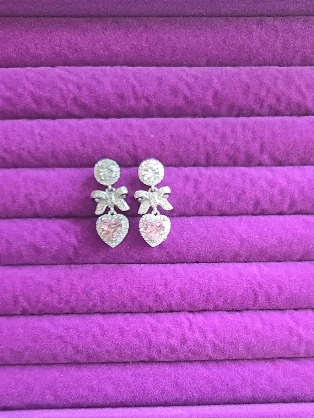 Sterling Silver Bow Drop Earrings with Pink Moissanite